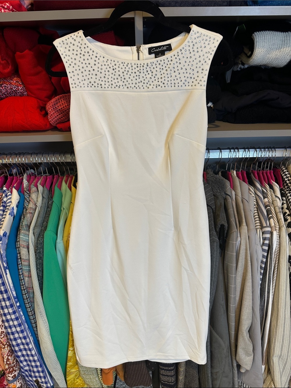 Candalite white rhinestone detail sleeveless lined dress size S